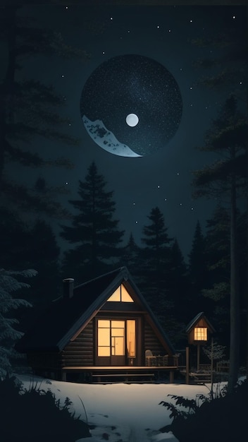 Cabane de refuge au clair de lune dans les bois sous un ciel rose avec la lune et les étoiles