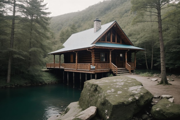 Une cabane en rondins au bord d'un lac tranquille