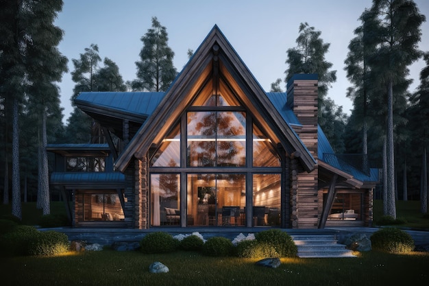 Cabane en rondins au design extérieur moderne avec des accents métalliques élégants et des formes géométriques