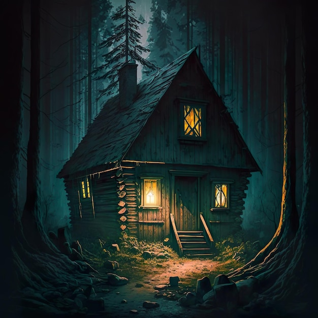 Cabane en rondins de bois dans la jungle la nuit Environnement d'horreur d'Halloween