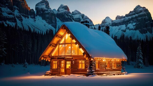 Une cabane en rondins dans la neige avec les lumières allumées.