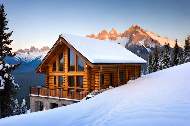 Photo une cabane en rondins dans la neige avec les montagnes en arrière-plan.