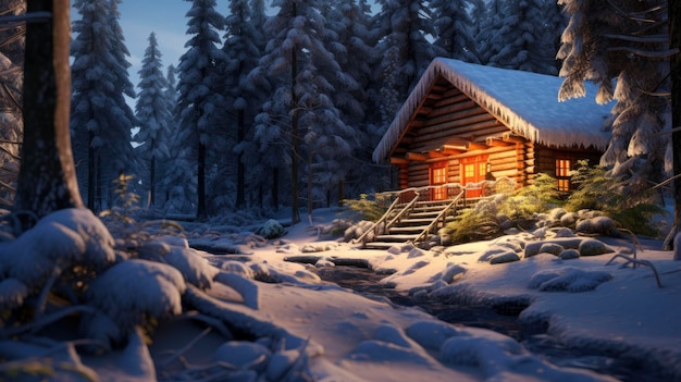 Cabane en rondins dans un paysage d'hiver avec des arbres enneigés