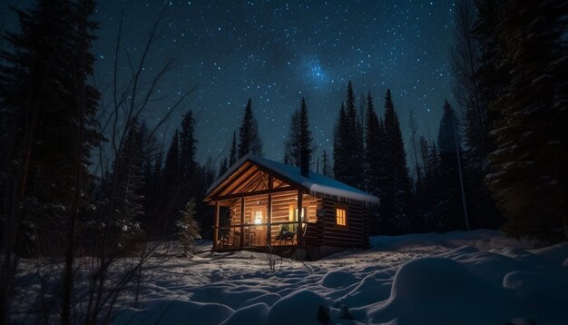 Photo cabane en rondins éclairée dans un paysage d'hiver tranquille sous un ciel étoilé généré par l'ia