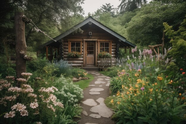 Cabane en rondins entourée d'un feuillage vert luxuriant avec des fleurs épanouies et des bourdons