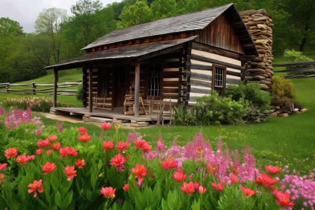 Cabane en rondins entourée de fleurs épanouies en pleine floraison