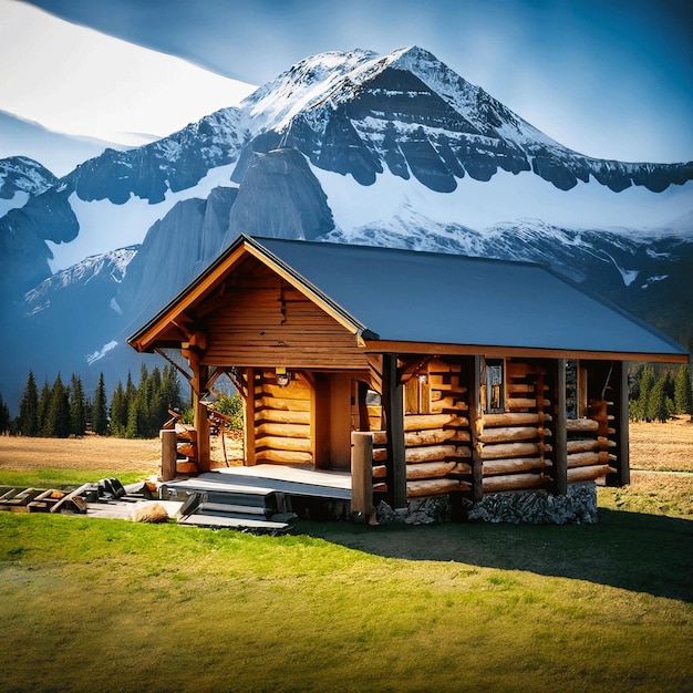 Une cabane en rondins avec une montagne en arrière-plan