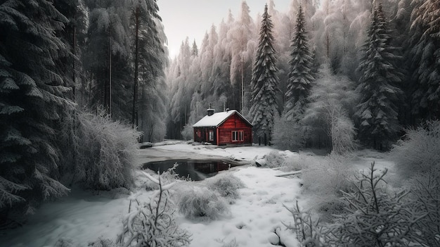 Une cabane rouge dans les bois avec de la neige au sol