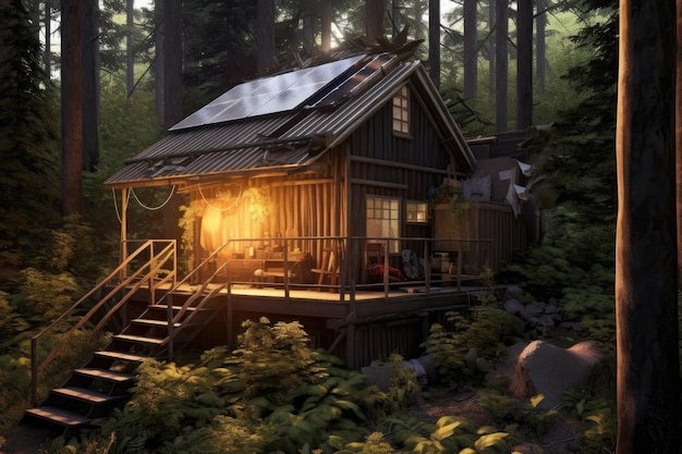 Cabane rustique avec panneaux solaires sur le toit dans une forêt dense créée avec une IA générative