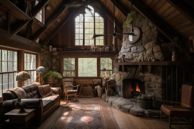 Cabane rustique avec salon confortable et cheminée en pierre entourée d'arbres imposants