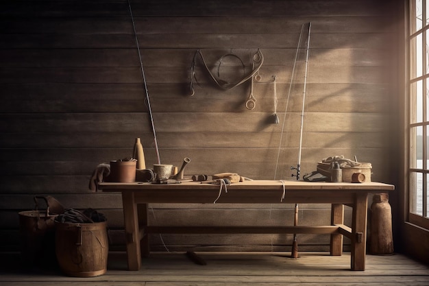 Une cabane sereine au bord du lac avec une table en bois