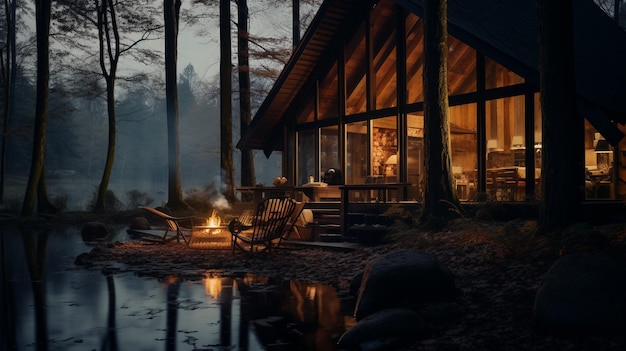 Cabane sereine dans la forêt avec porche accueillant et environnement naturel