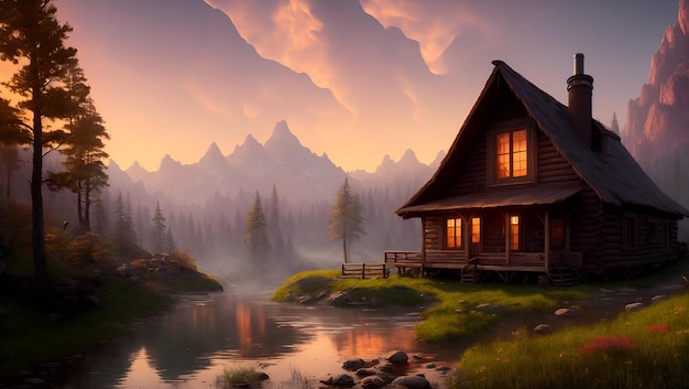 Une cabane solitaire au milieu d'un paysage de vallée Fond d'écran