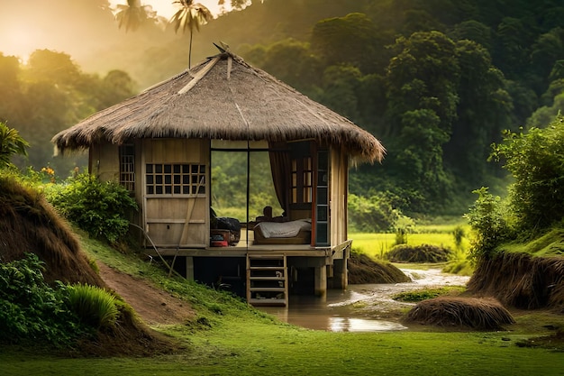 une cabane avec un toit de chaume et un homme assis au milieu