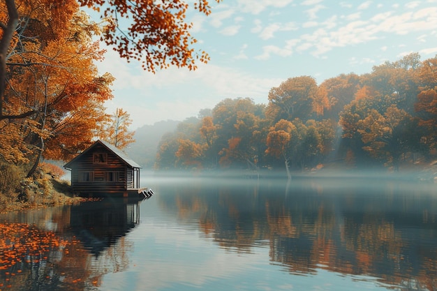 Photo une cabane tranquille au bord du lac entourée de feuilles d'automne.