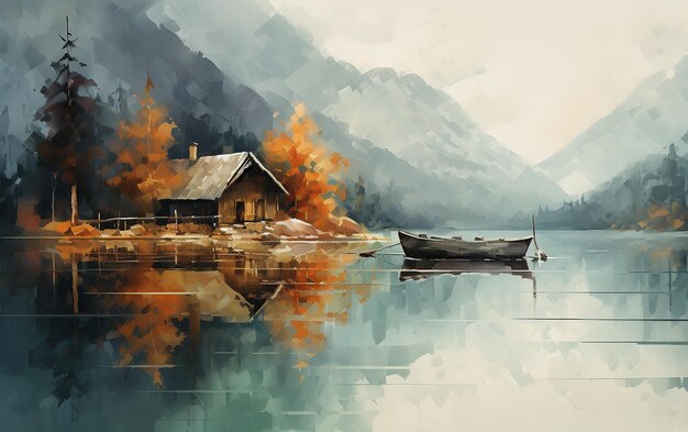 La cabane de tranquillité au bord du lac et la peinture du bateau