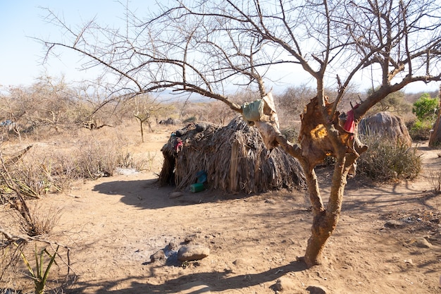 Cabane de village de la population Hazda, Tanzanie, Afrique. Région du lac Eyasi