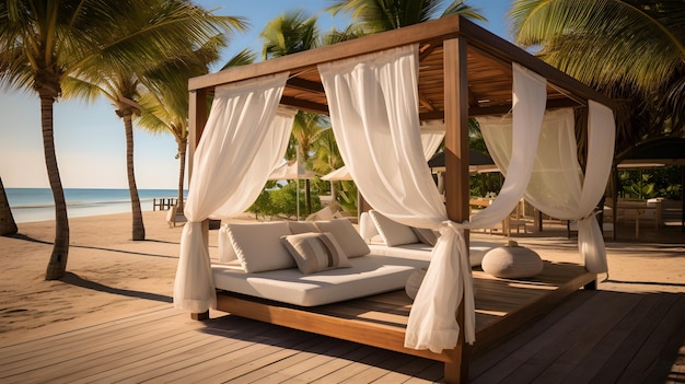 Des cabanes au bord de la plage avec des chaises confortables et de l'ombre