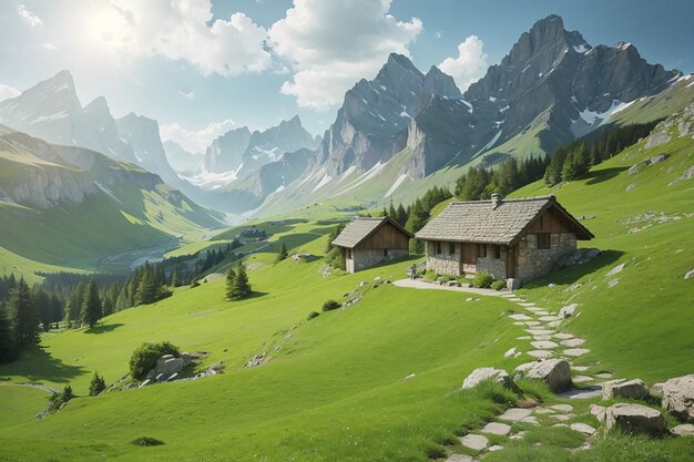 Des cabanes de pierre alpines dans un paysage vert étonnant