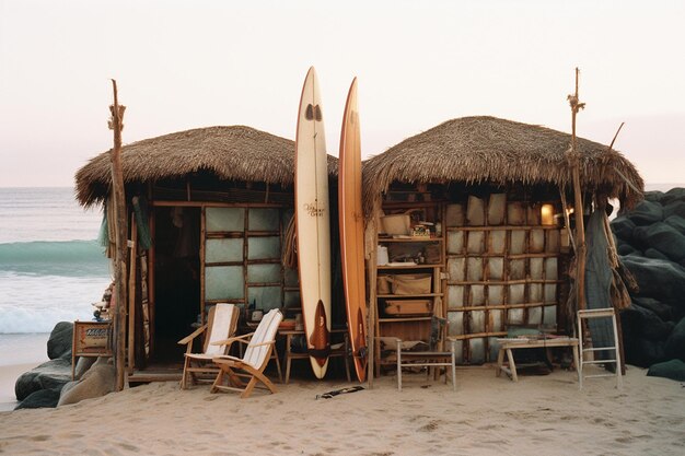 Des cabanes de plage rustiques avec des planches de surf soutenues à l'extérieur