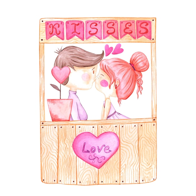 Photo cabine de baisers de la saint-valentin aquarelle dessinée à la main avec un couple élément décoratif de la saint-valentin scrapbook desing lable bannière carte postale