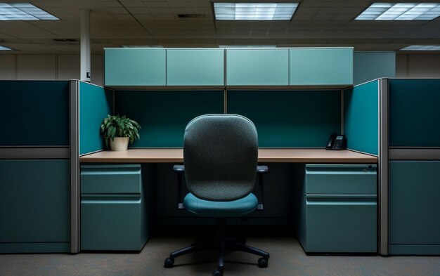 Une cabine de bureau avec une chaise et un bureau AI