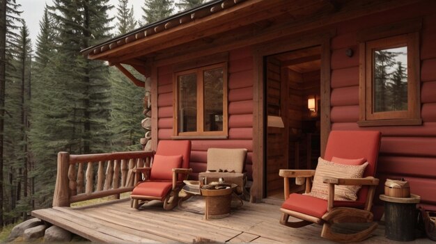 Photo une cabine avec une chaise rouge et un pont en bois avec une chaire rouge