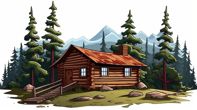 Cabine de dessin animé dans l'illustration vectorielle de paysage luxuriant de bois