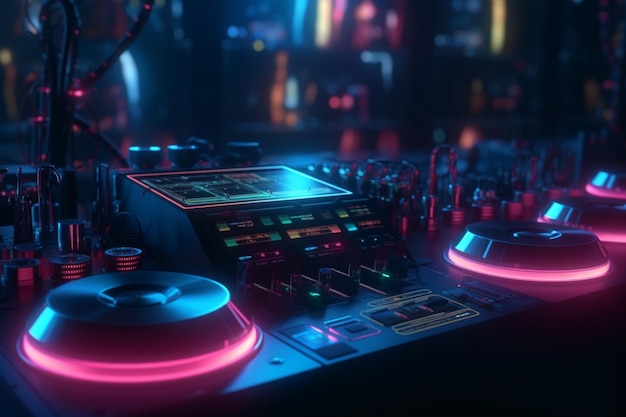 Une cabine de DJ avec un écran rose au milieu et un équipement de DJ en bas.
