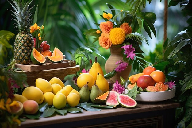 Une cabine photo à thème tropical avec des accessoires de mangue pour une fête