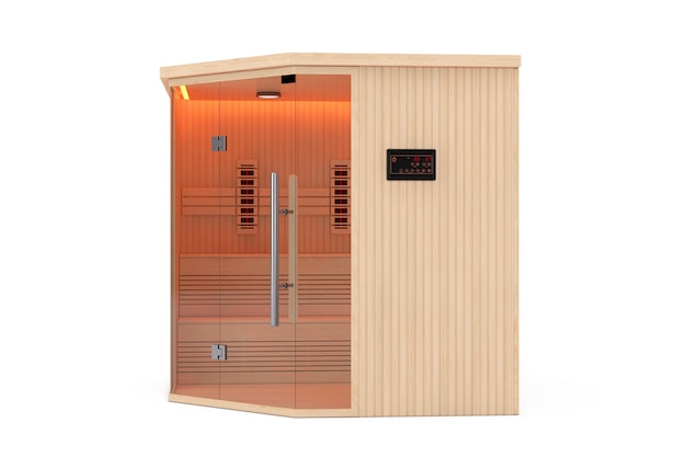 Cabine de sauna finlandais infrarouge en bois classique sur fond blanc. Rendu 3D