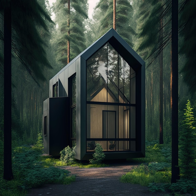 cabine de style minimaliste moderne dans une zone sauvage dégagée AI générative