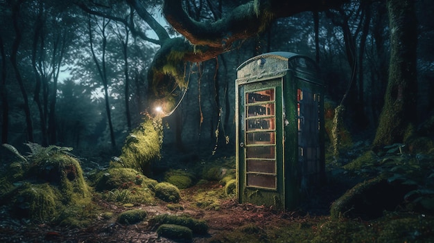 Une cabine téléphonique dans les bois avec une lampe sur le côté