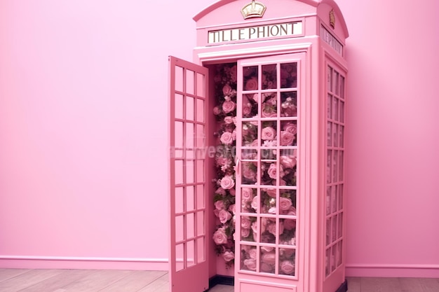 Cabine téléphonique rose avec fleur rose imaginations roses monde rose Pink Fantasy AI généré