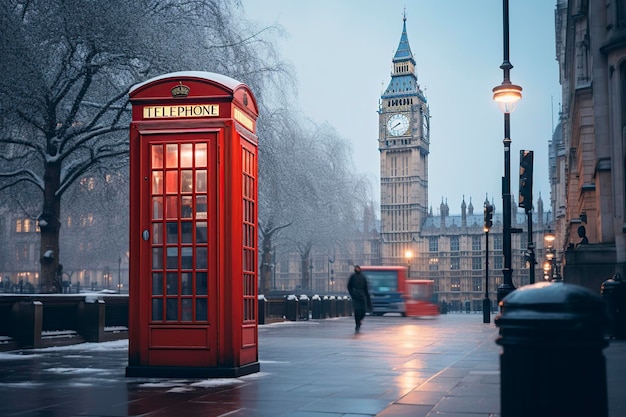 une cabine téléphonique traditionnelle à Londres avec Big Ben en arrière-plan