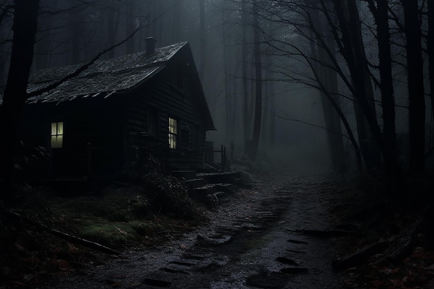 cabine vide avec fenêtre illuminée dans les bois brumeux sentiment solitaire forêt sombre et effrayant