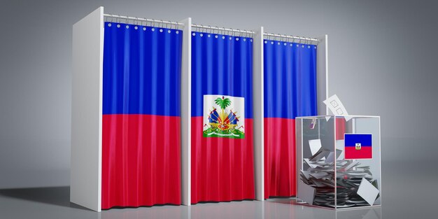 Des cabines de vote en Haïti avec un drapeau du pays et une illustration 3D de l'urne de vote