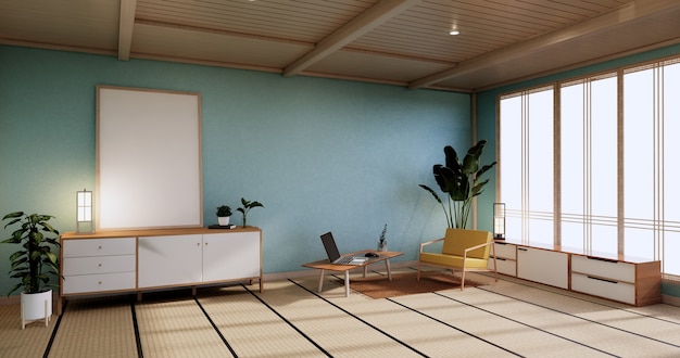 Cabinet Mock up, Minimal menthe Salon, sol en tatami et fauteuil design. Rendu 3D