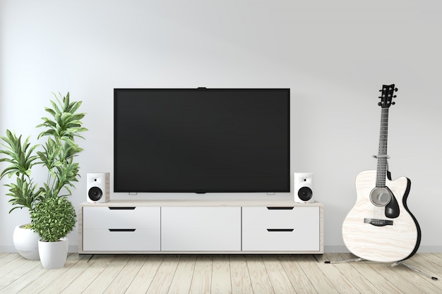 Cabinet et smart tv sur un mur avec une décoration zen chambre style japonais rendu 3D