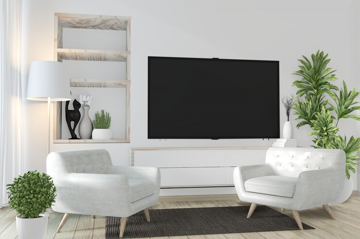 Photo cabinet et smart tv sur un mur avec une décoration zen style japonais. rendu 3d