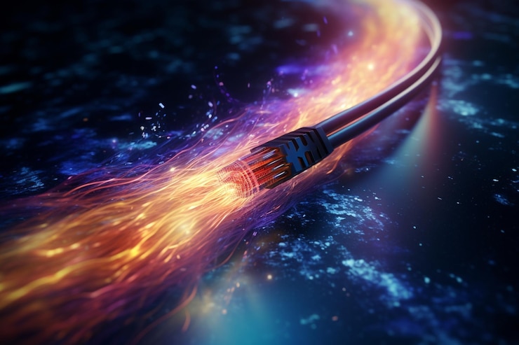 Photo un câble numérique à fibre optique avec transfert de données à grande vitesse dans des câbles est illustré