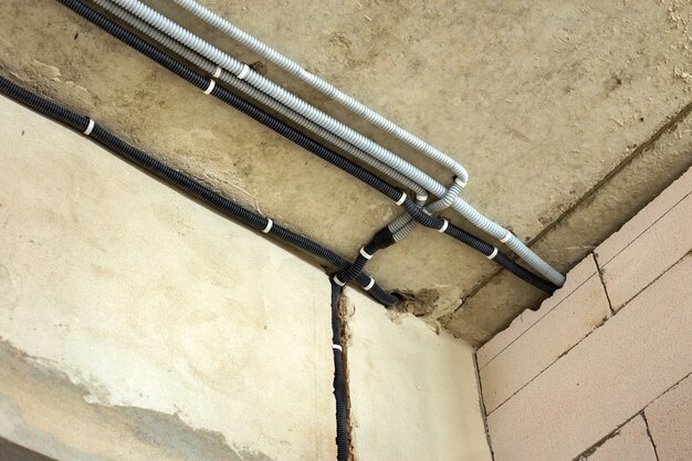 Câbles électriques posés dans des ondulations de protection installées au plafond et au mur dans une pièce en travaux de construction.