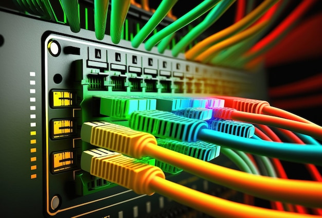 Câbles optiques de réseau informatique de technologie de l'information sur un routeur se bouchent