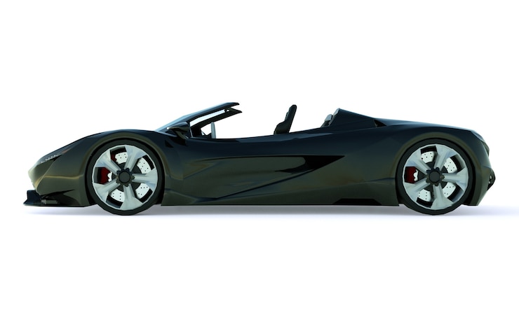 Photo cabriolet sport conceptuel noir pour conduire autour de la ville et piste de course sur fond blanc. rendu 3d.
