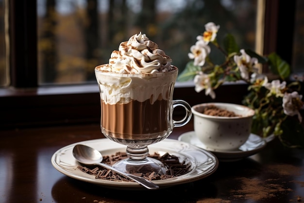 Cacao chaud avec crème fouettée dans un verre AI générative