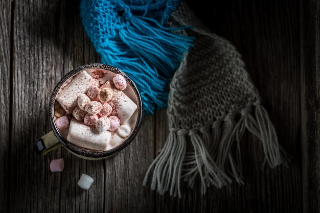 Cacao chaud fait maison avec écharpe bleue pour Noël