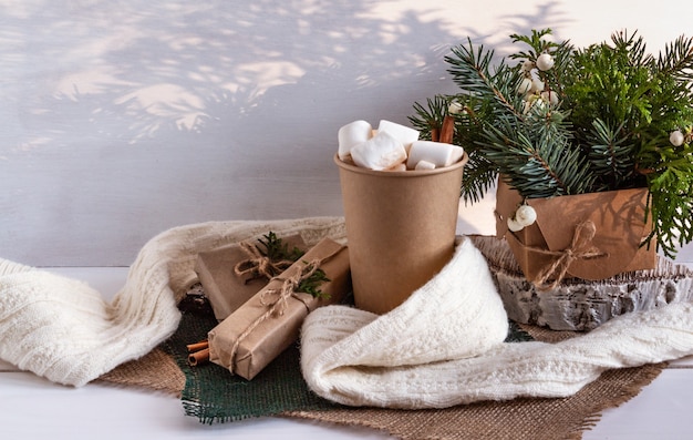 Cacao de composition de Noël avec des guimauves sur des branches de fond blanc d'un arbre de Noël