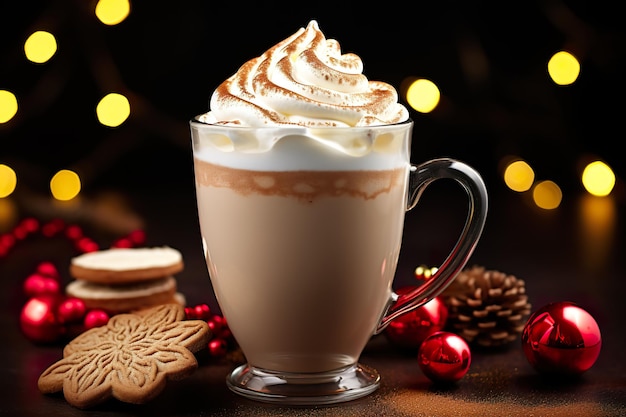 cacao de Noël riche et crémeux servi dans un verre débordant de la chaleur et du confort de la saison des fêtes
