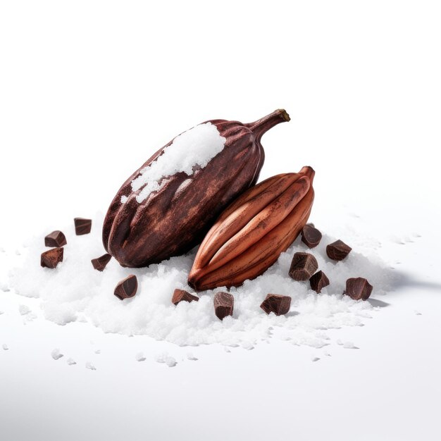 Cacao recouvert de givre et de neige isolé sur fond blanc
