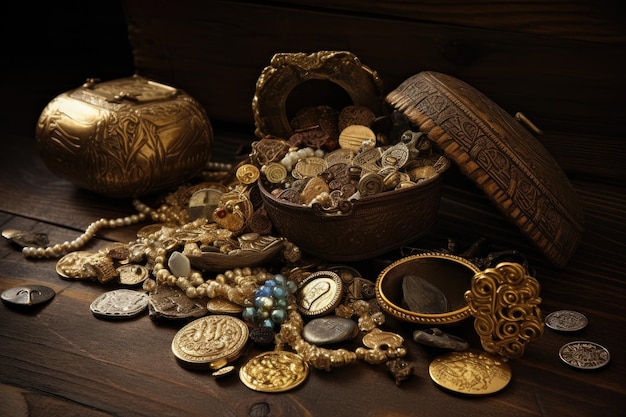 Cache de pierres précieuses de pièces d'or et d'autres trésors précieux créés avec l'IA générative